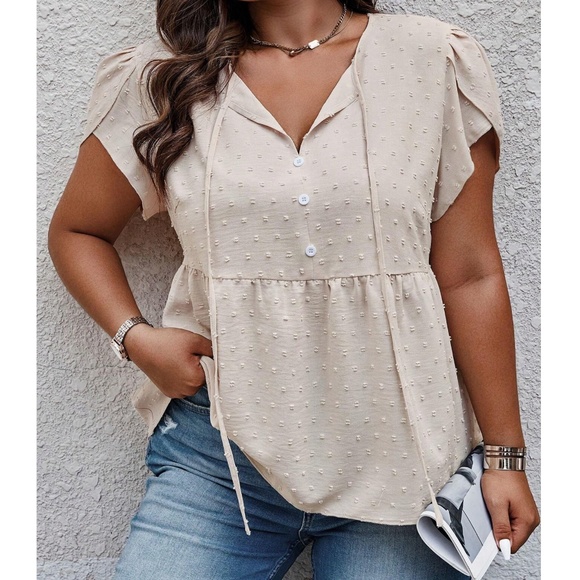 Plus Swiss Dot Button Neck Tie Puff Sleeve Blouse - Picture 4 of 6